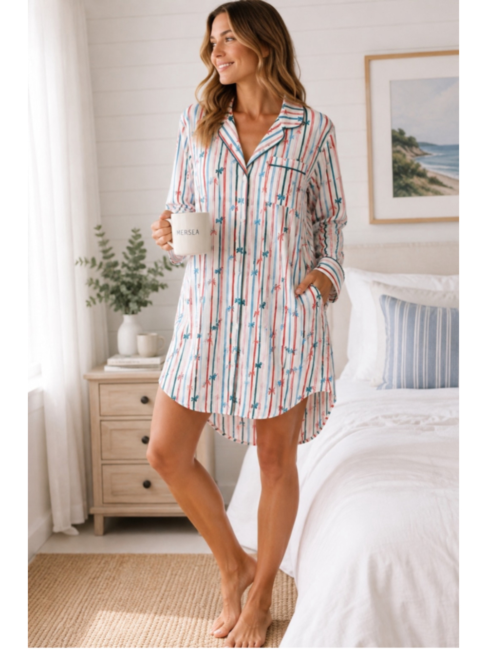 MERSEA Nuit Over the Cotton Moon Nightshirt XL Bow Stripe 100% Cotton NWT